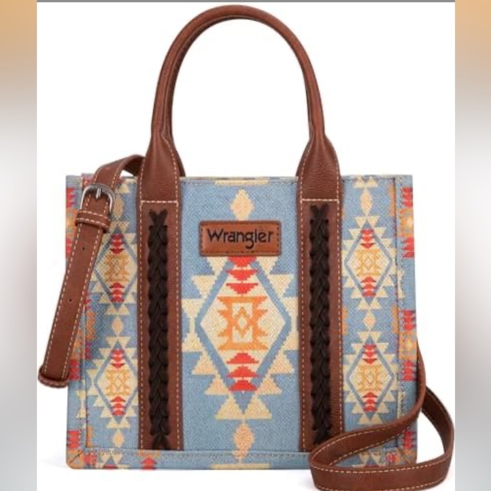 Wrangler Blue Aztec Tote with Brown Trim